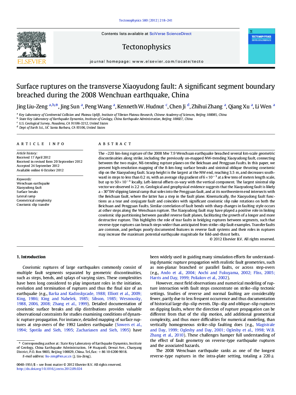 Surface ruptures on the transverse Xiaoyudong fault: A significant segment boundary breached during the 2008 Wenchuan earthquake, China