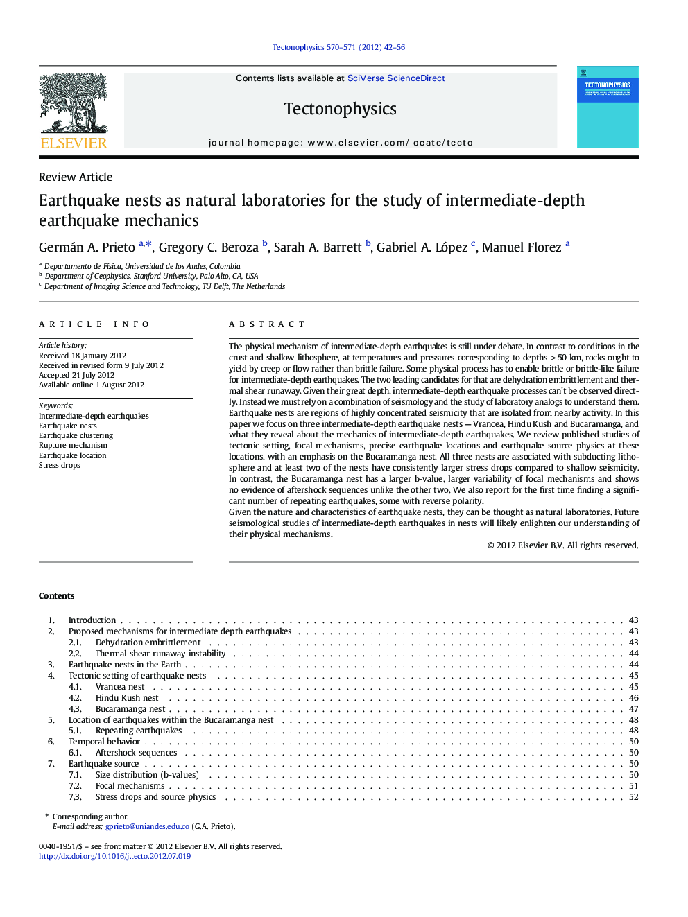 Review ArticleEarthquake nests as natural laboratories for the study of intermediate-depth earthquake mechanics