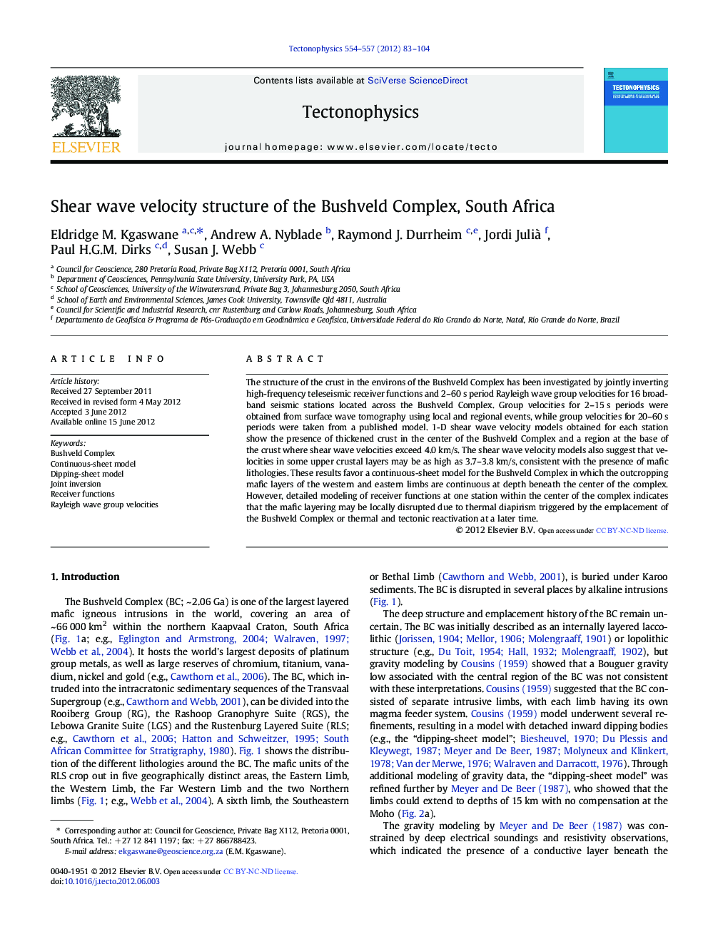 Shear wave velocity structure of the Bushveld Complex, South Africa