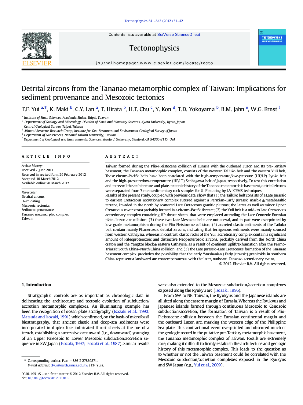 Detrital zircons from the Tananao metamorphic complex of Taiwan: Implications for sediment provenance and Mesozoic tectonics