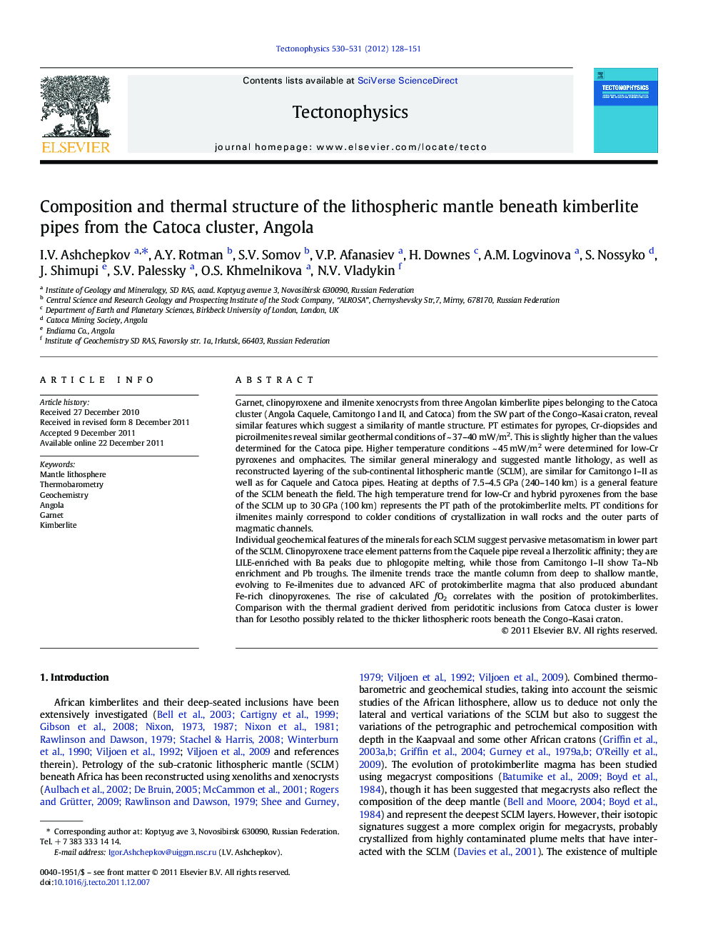 Composition and thermal structure of the lithospheric mantle beneath kimberlite pipes from the Catoca cluster, Angola