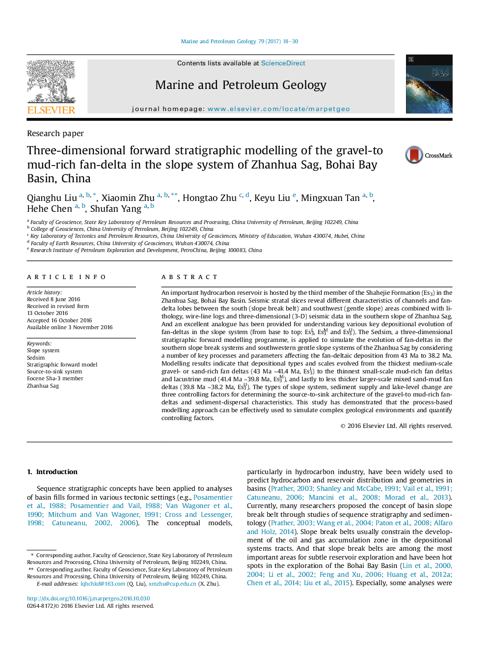 Research paperThree-dimensional forward stratigraphic modelling of the gravel-to mud-rich fan-delta in the slope system of Zhanhua Sag, Bohai Bay Basin, China