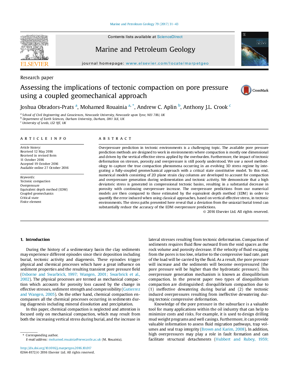 Research paperAssessing the implications of tectonic compaction on pore pressure using a coupled geomechanical approach