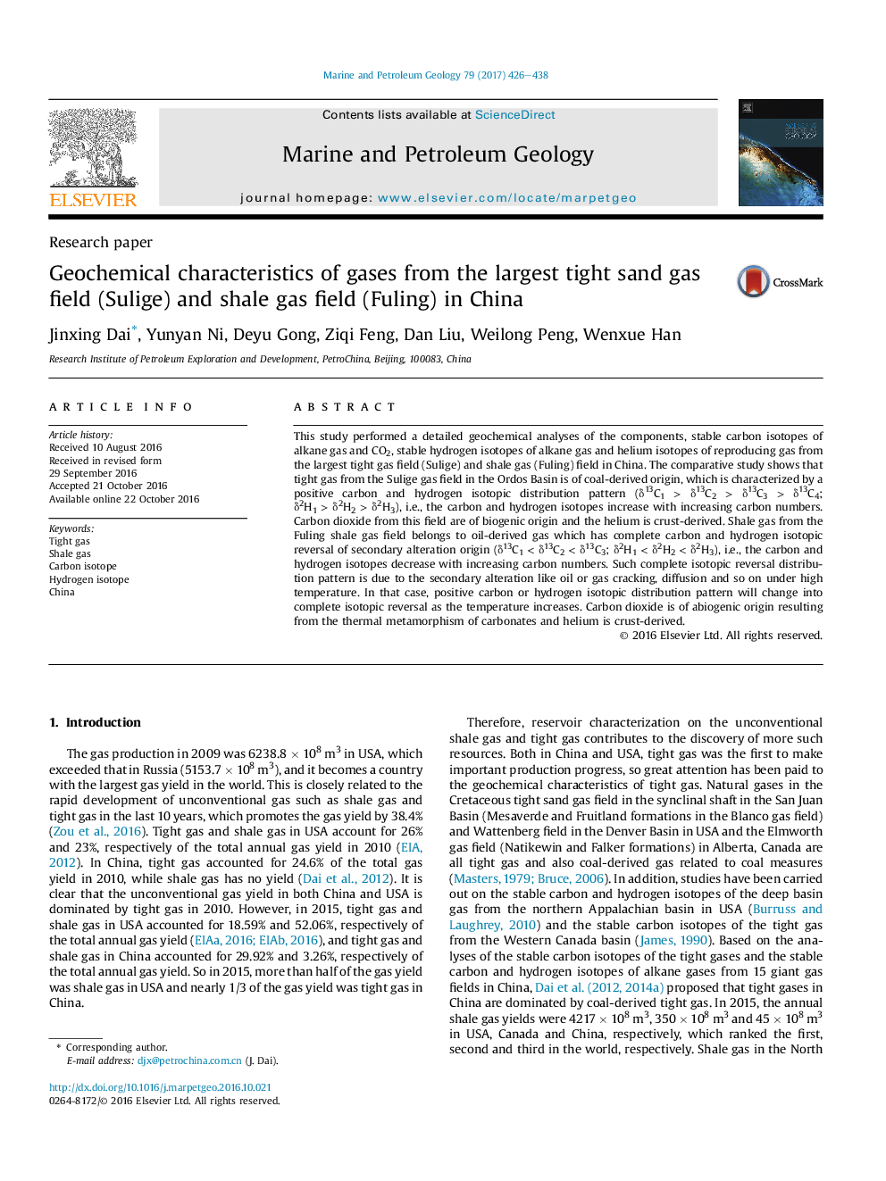 Research paperGeochemical characteristics of gases from the largest tight sand gas field (Sulige) and shale gas field (Fuling) in China