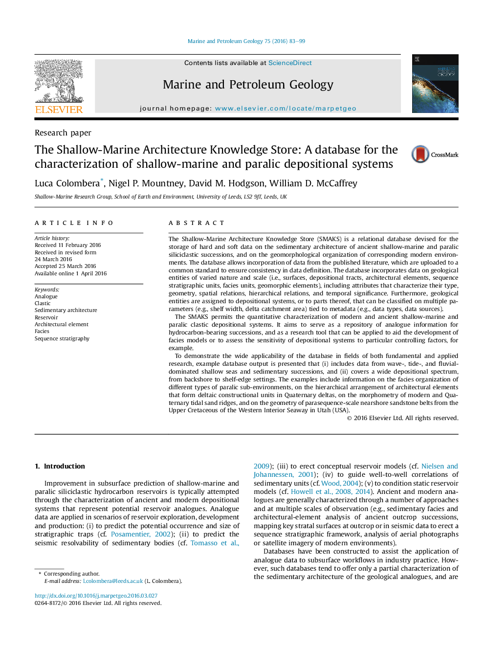 Research paperThe Shallow-Marine Architecture Knowledge Store: A database for the characterization of shallow-marine and paralic depositional systems