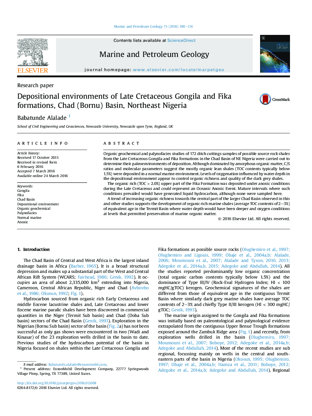 Research paperDepositional environments of Late Cretaceous Gongila and Fika formations, Chad (Bornu) Basin, Northeast Nigeria