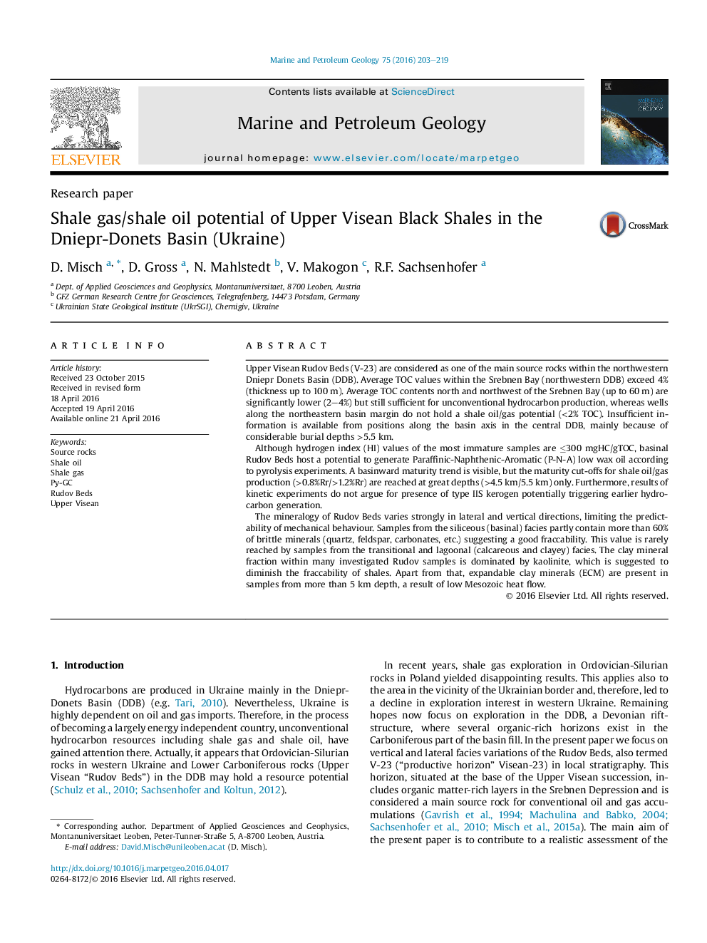 Research paperShale gas/shale oil potential of Upper Visean Black Shales in the Dniepr-Donets Basin (Ukraine)