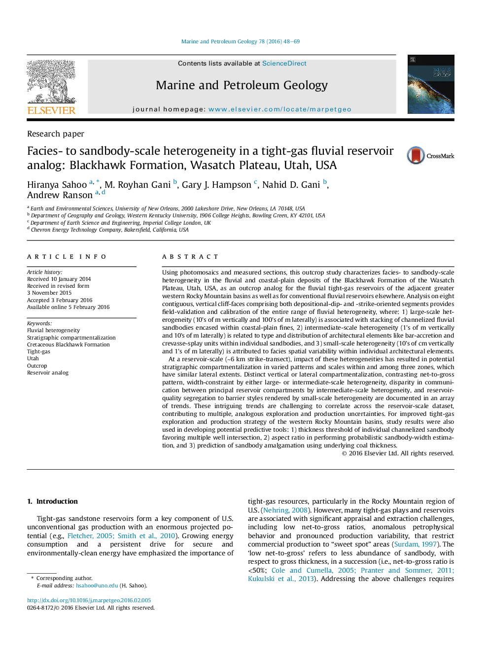 Research paperFacies- to sandbody-scale heterogeneity in a tight-gas fluvial reservoir analog: Blackhawk Formation, Wasatch Plateau, Utah, USA