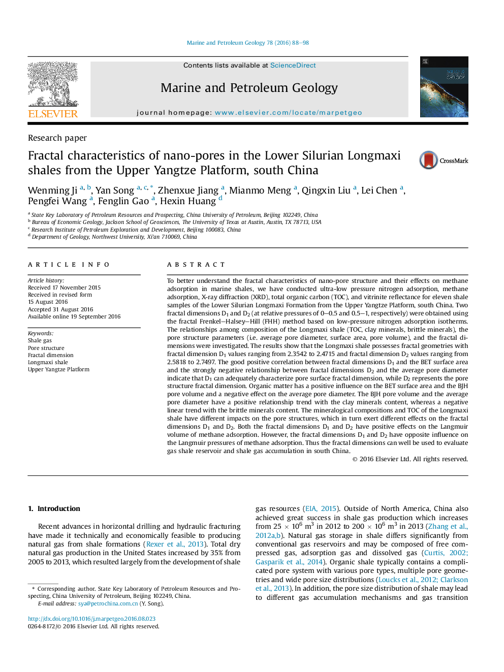 Research paperFractal characteristics of nano-pores in the Lower Silurian Longmaxi shales from the Upper Yangtze Platform, south China