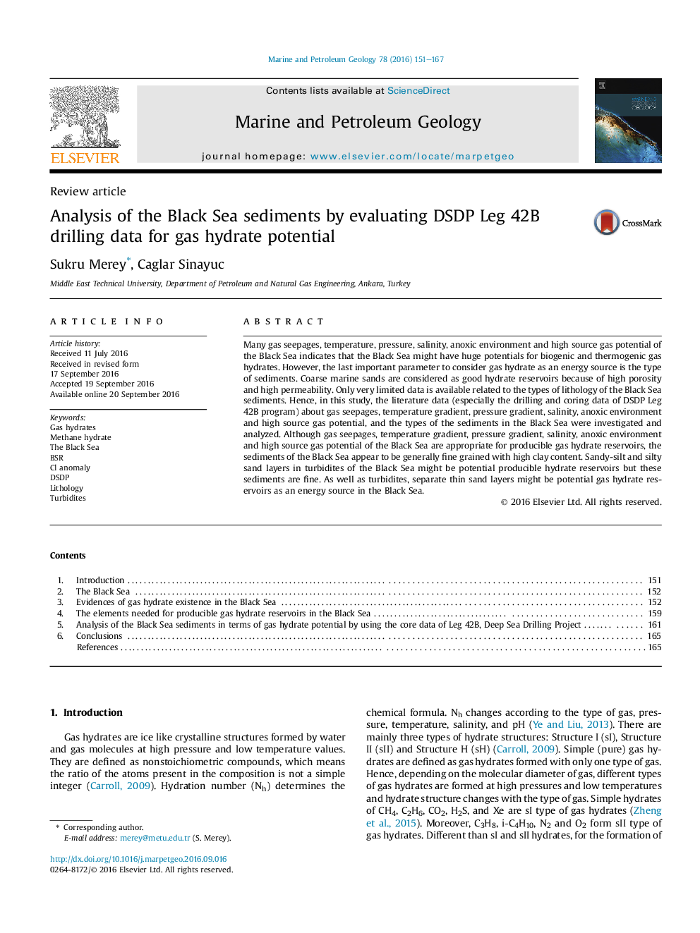 Review articleAnalysis of the Black Sea sediments by evaluating DSDP Leg 42B drilling data for gas hydrate potential