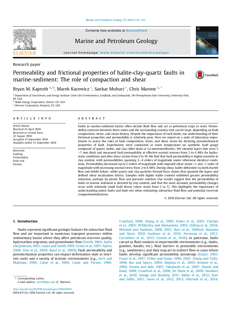 Research paperPermeability and frictional properties of halite-clay-quartz faults in marine-sediment: The role of compaction and shear