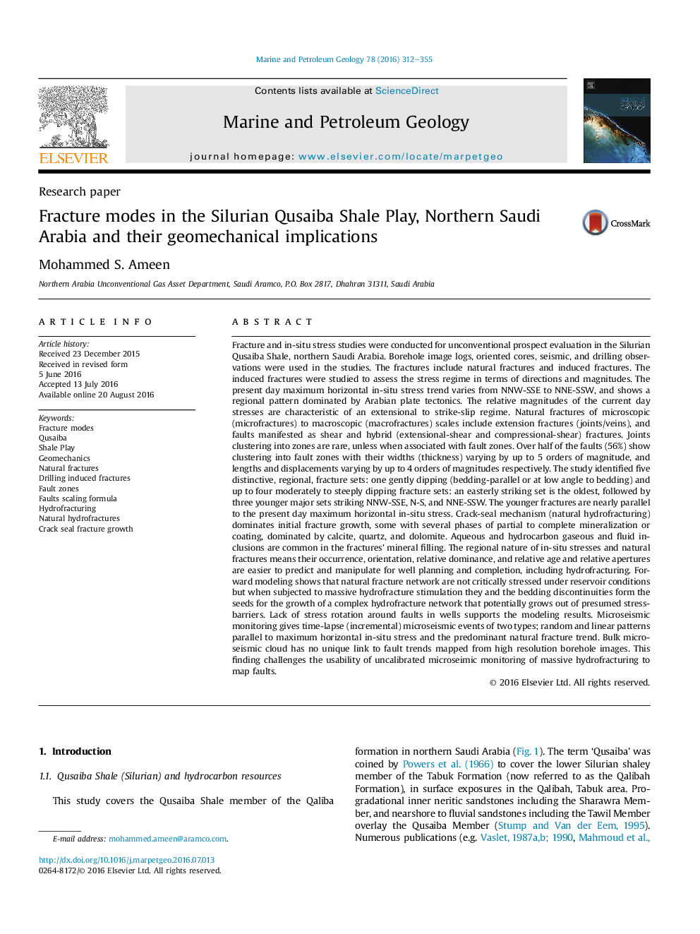 Research paperFracture modes in the Silurian Qusaiba Shale Play, Northern Saudi Arabia and their geomechanical implications