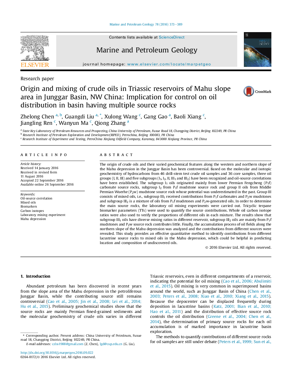 Research paperOrigin and mixing of crude oils in Triassic reservoirs of Mahu slope area in Junggar Basin, NW China: Implication for control on oil distribution in basin having multiple source rocks