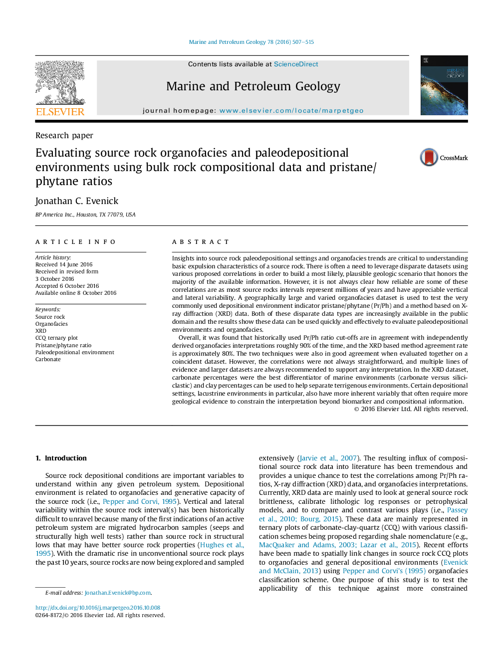 Research paperEvaluating source rock organofacies and paleodepositional environments using bulk rock compositional data and pristane/phytane ratios