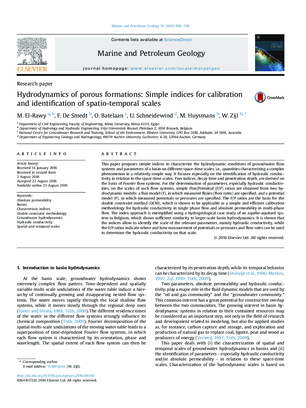 Research paperHydrodynamics of porous formations: Simple indices for calibration and identification of spatio-temporal scales