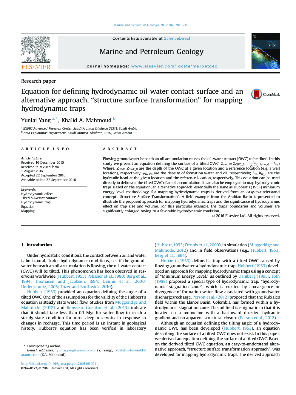 Research paperEquation for defining hydrodynamic oil-water contact surface and an alternative approach, “structure surface transformation” for mapping hydrodynamic traps