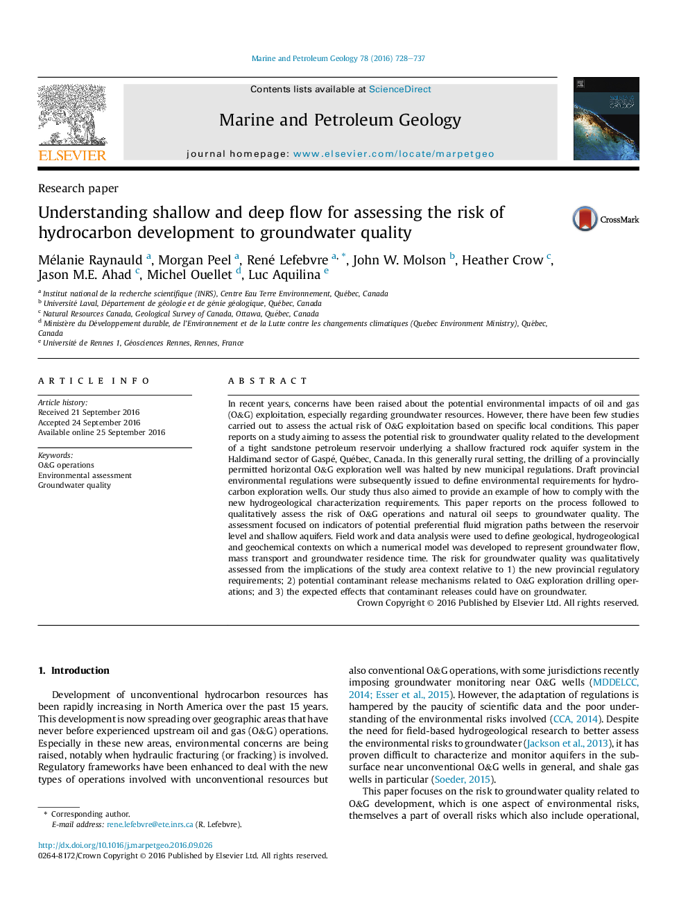 Research paperUnderstanding shallow and deep flow for assessing the risk of hydrocarbon development to groundwater quality