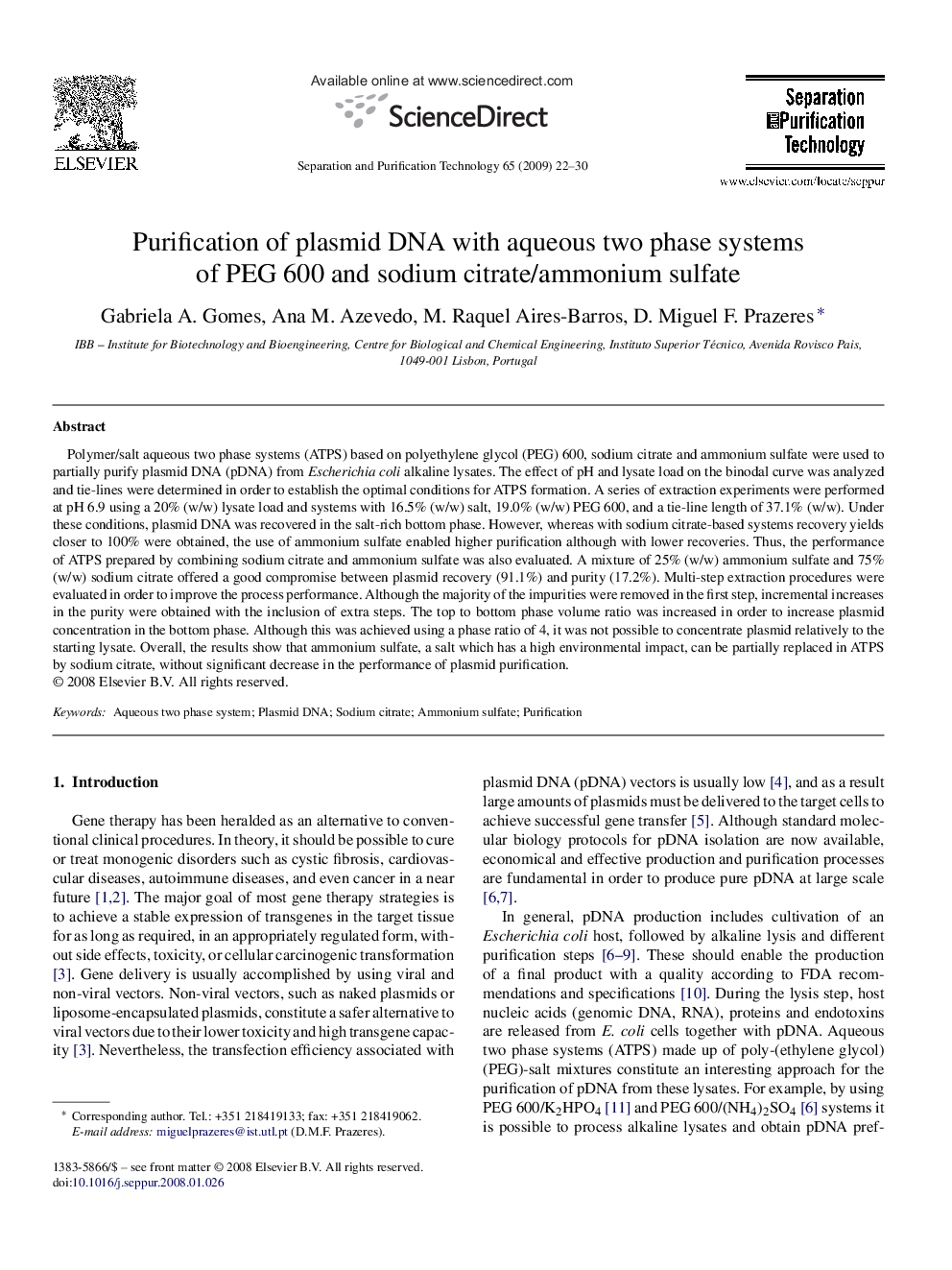 Purification of plasmid DNA with aqueous two phase systems of PEG 600 and sodium citrate/ammonium sulfate