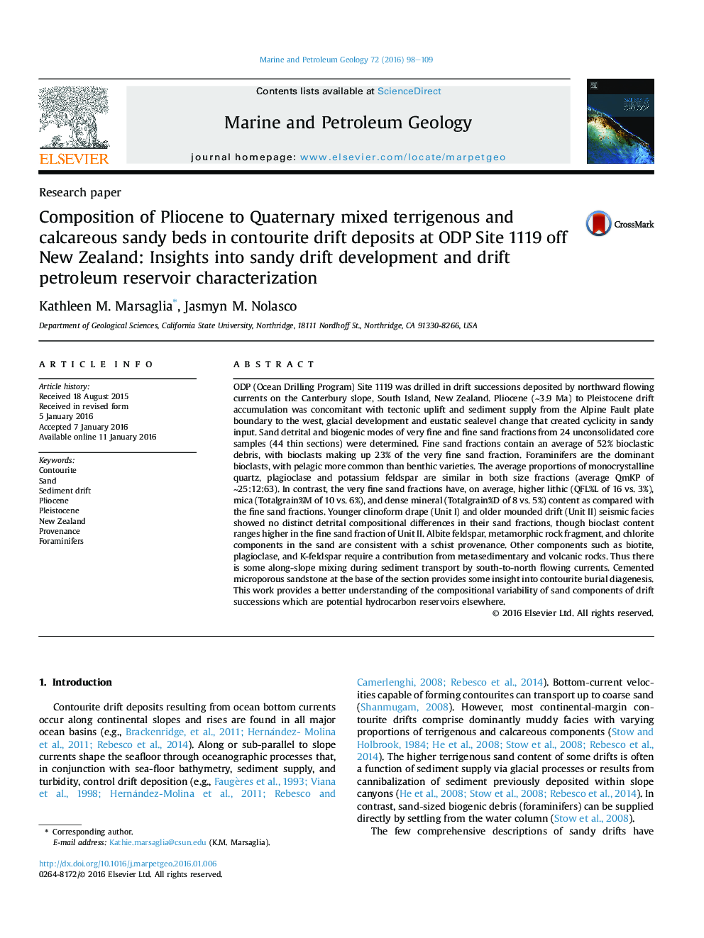 Research paperComposition of Pliocene to Quaternary mixed terrigenous and calcareous sandy beds in contourite drift deposits at ODP Site 1119 off New Zealand: Insights into sandy drift development and drift petroleum reservoir characterization