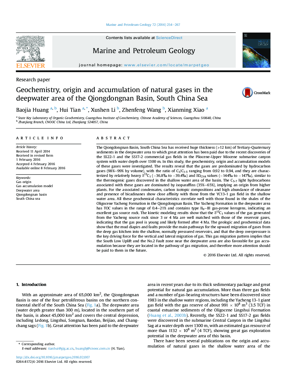 Research paperGeochemistry, origin and accumulation of natural gases in the deepwater area of the Qiongdongnan Basin, South China Sea