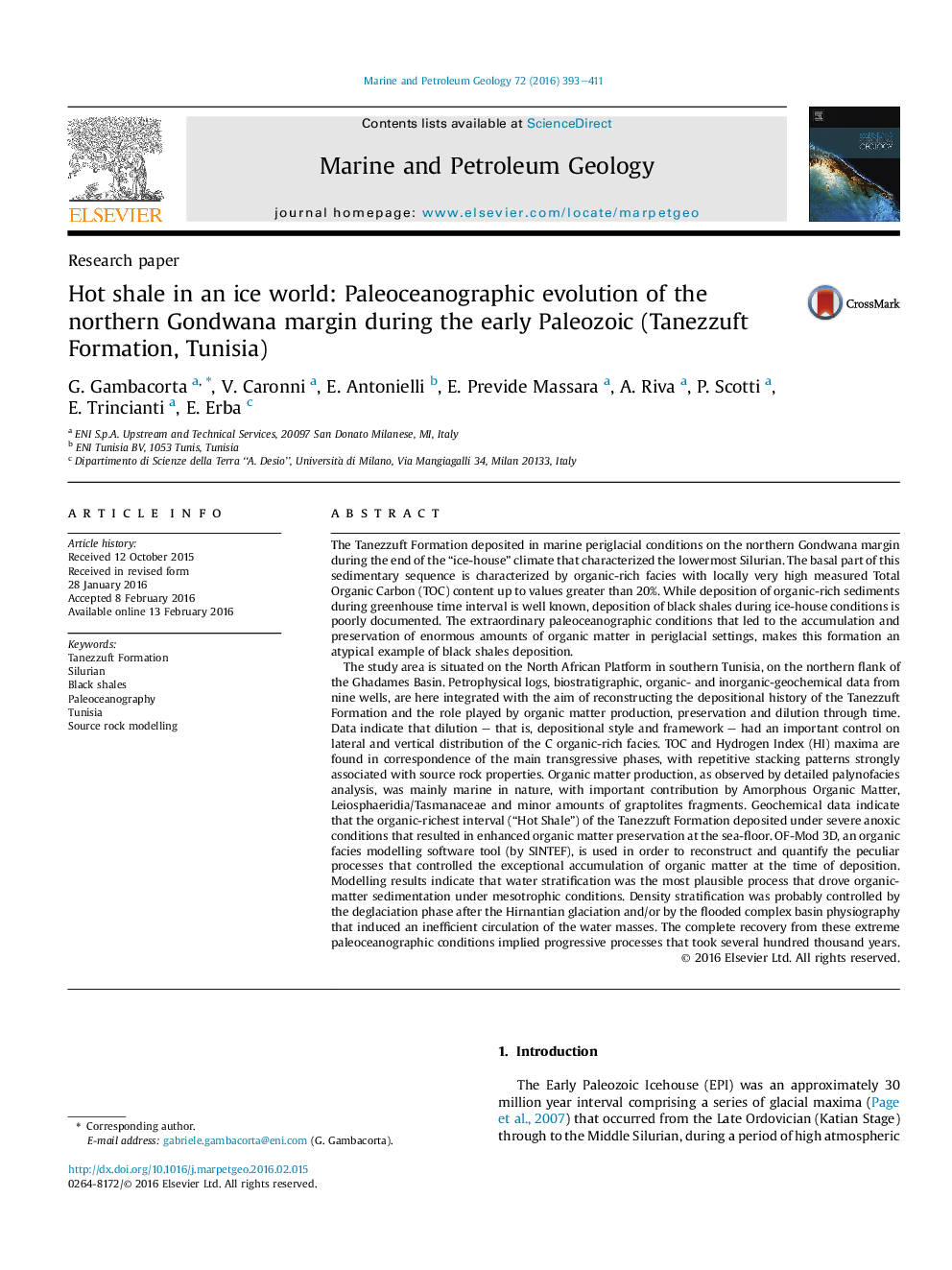 Research paperHot shale in an ice world: Paleoceanographic evolution of the northern Gondwana margin during the early Paleozoic (Tanezzuft Formation, Tunisia)