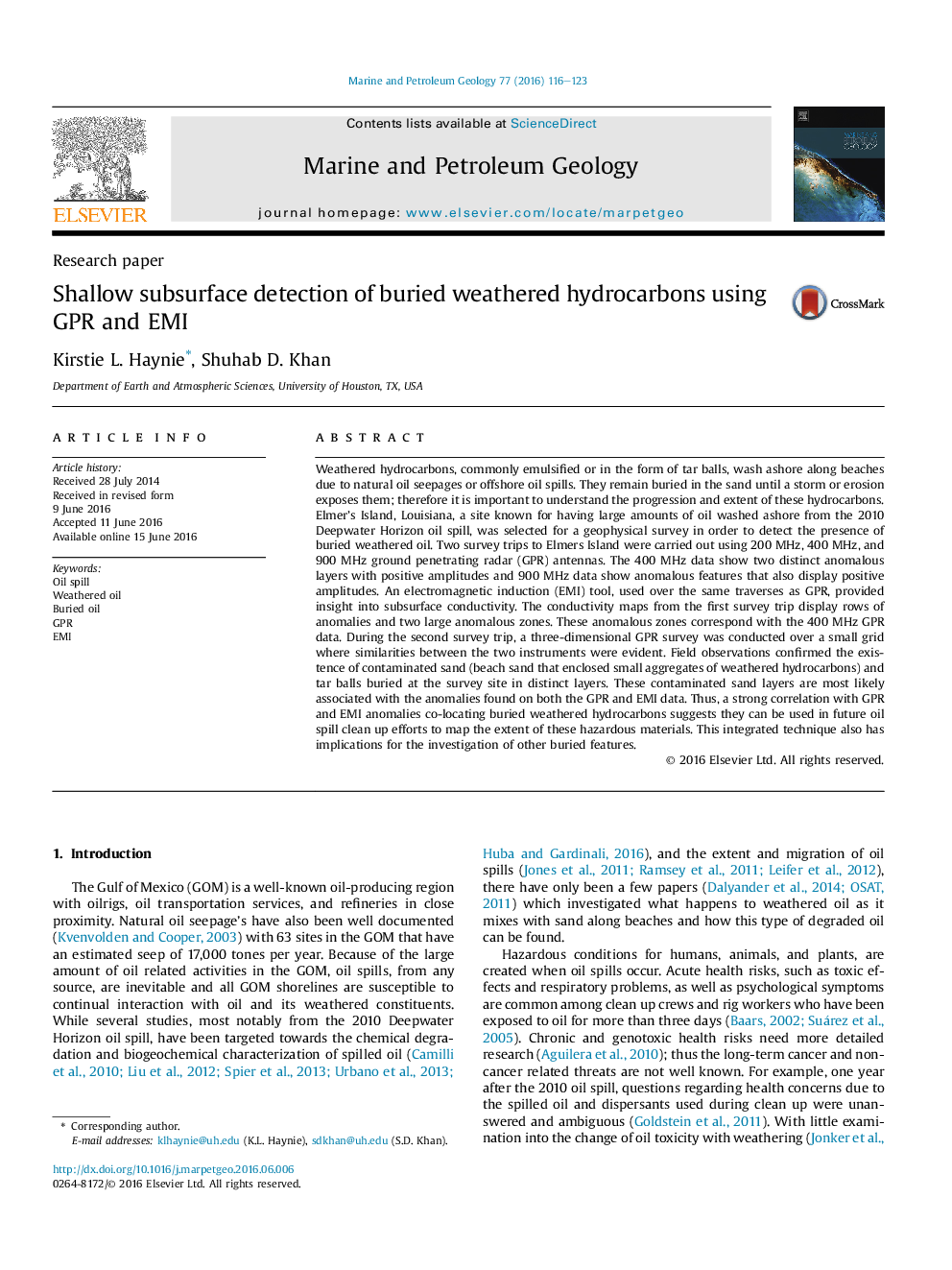 Research paperShallow subsurface detection of buried weathered hydrocarbons using GPR and EMI