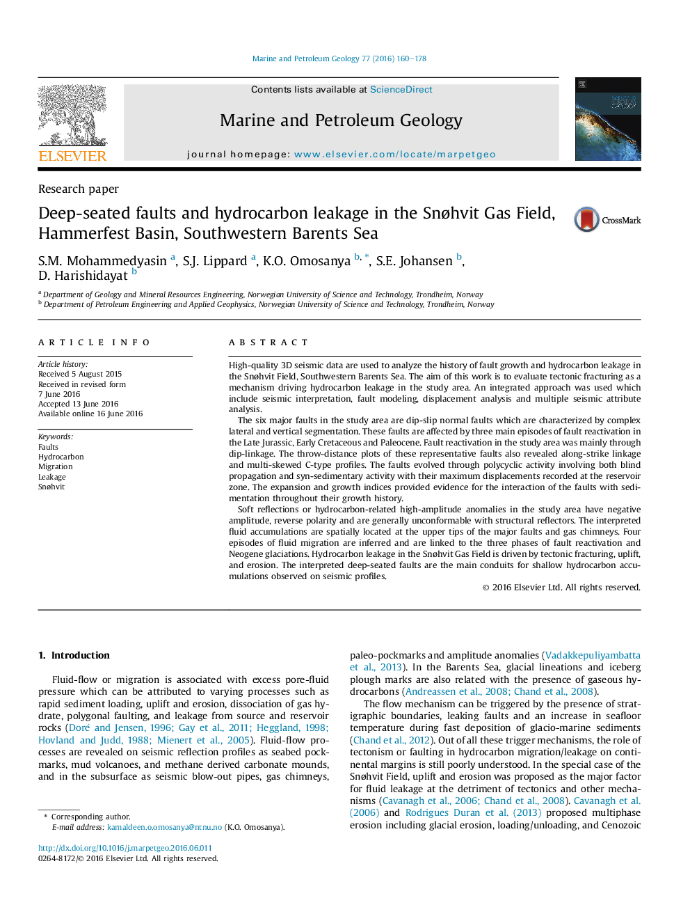 Research paperDeep-seated faults and hydrocarbon leakage in the SnÃ¸hvit Gas Field, Hammerfest Basin, Southwestern Barents Sea