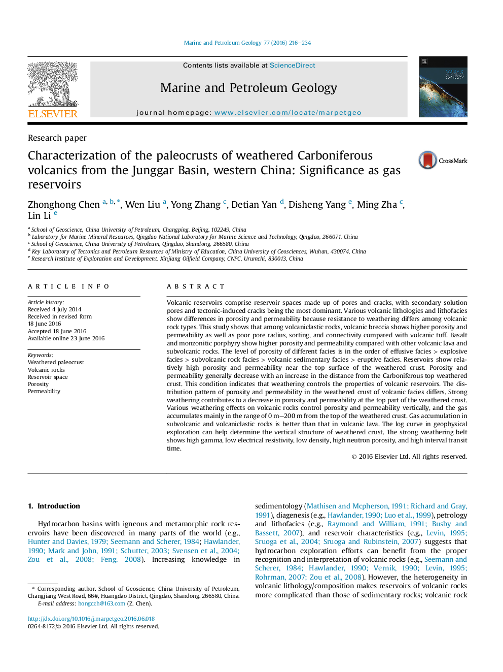 Research paperCharacterization of the paleocrusts of weathered Carboniferous volcanics from the Junggar Basin, western China: Significance as gas reservoirs