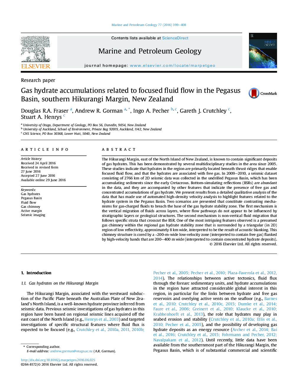 Research paperGas hydrate accumulations related to focused fluid flow in the Pegasus Basin, southern Hikurangi Margin, New Zealand