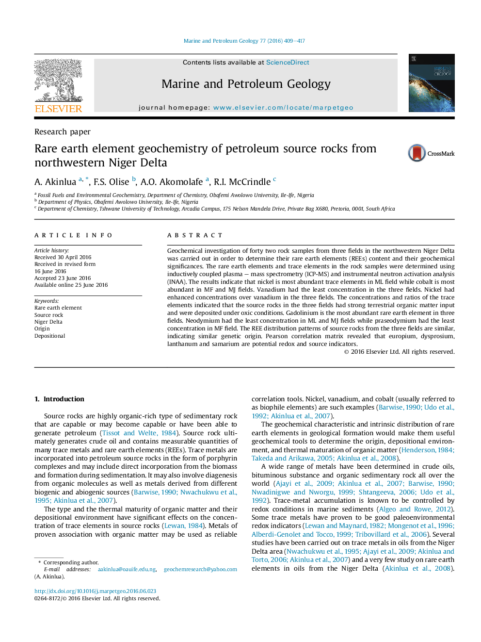 Research paperRare earth element geochemistry of petroleum source rocks from northwestern Niger Delta