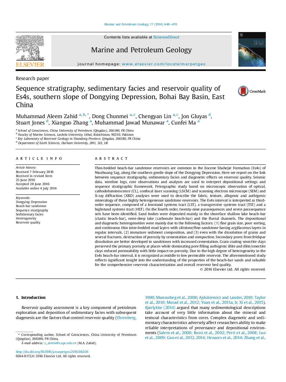 Research paperSequence stratigraphy, sedimentary facies and reservoir quality of Es4s, southern slope of Dongying Depression, Bohai Bay Basin, East China