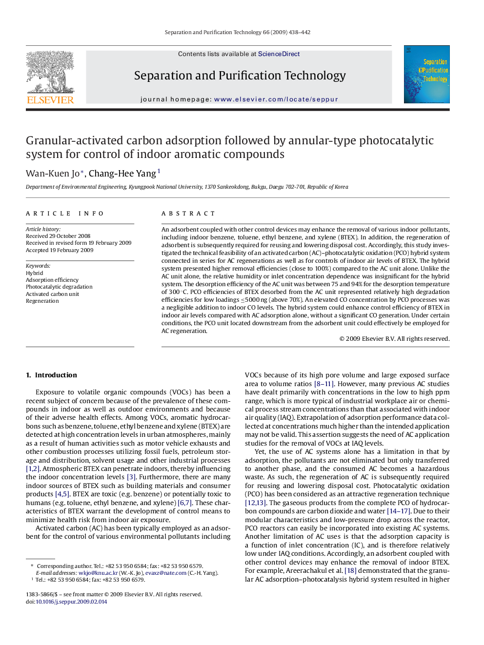 Granular-activated carbon adsorption followed by annular-type photocatalytic system for control of indoor aromatic compounds