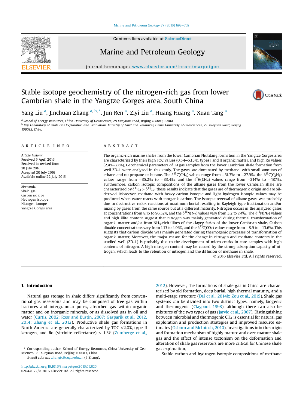 Stable isotope geochemistry of the nitrogen-rich gas from lower Cambrian shale in the Yangtze Gorges area, South China