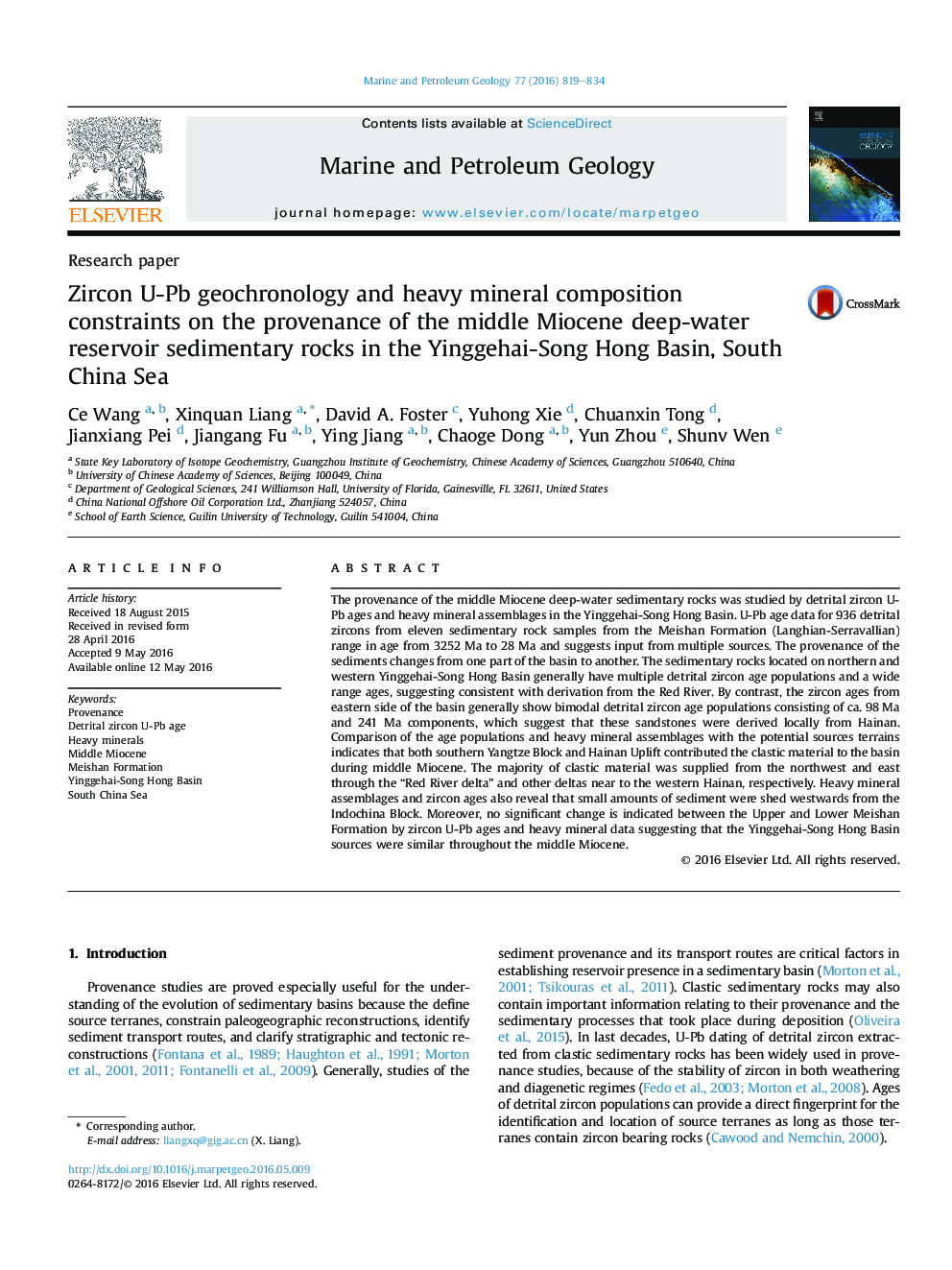 Research paperZircon U-Pb geochronology and heavy mineral composition constraints on the provenance of the middle Miocene deep-water reservoir sedimentary rocks in the Yinggehai-Song Hong Basin, South China Sea