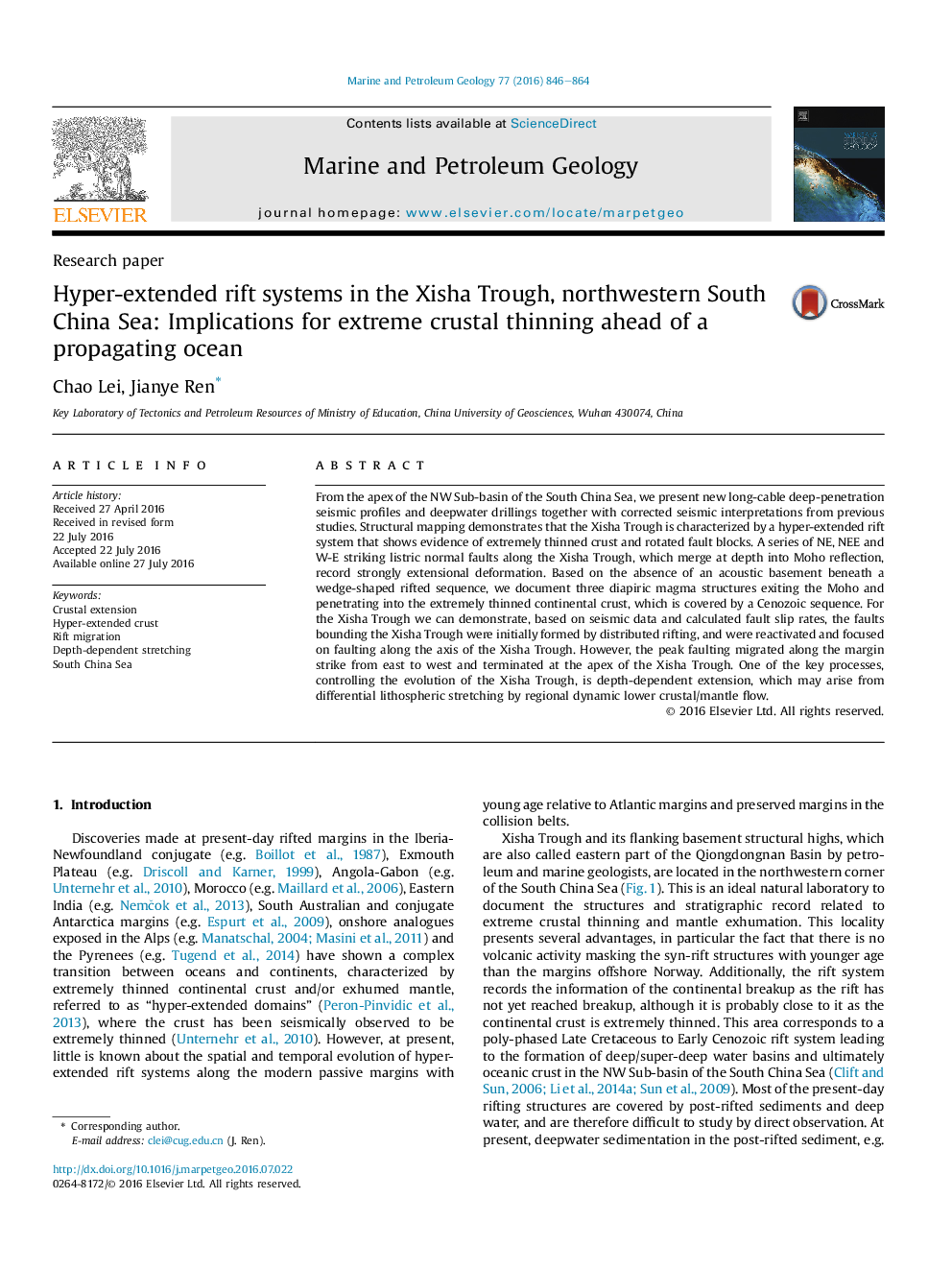 Hyper-extended rift systems in the Xisha Trough, northwestern South China Sea: Implications for extreme crustal thinning ahead of a propagating ocean