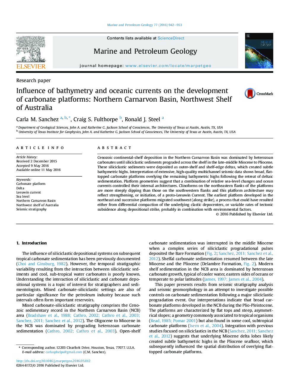 Research paperInfluence of bathymetry and oceanic currents on the development of carbonate platforms: Northern Carnarvon Basin, Northwest Shelf of Australia