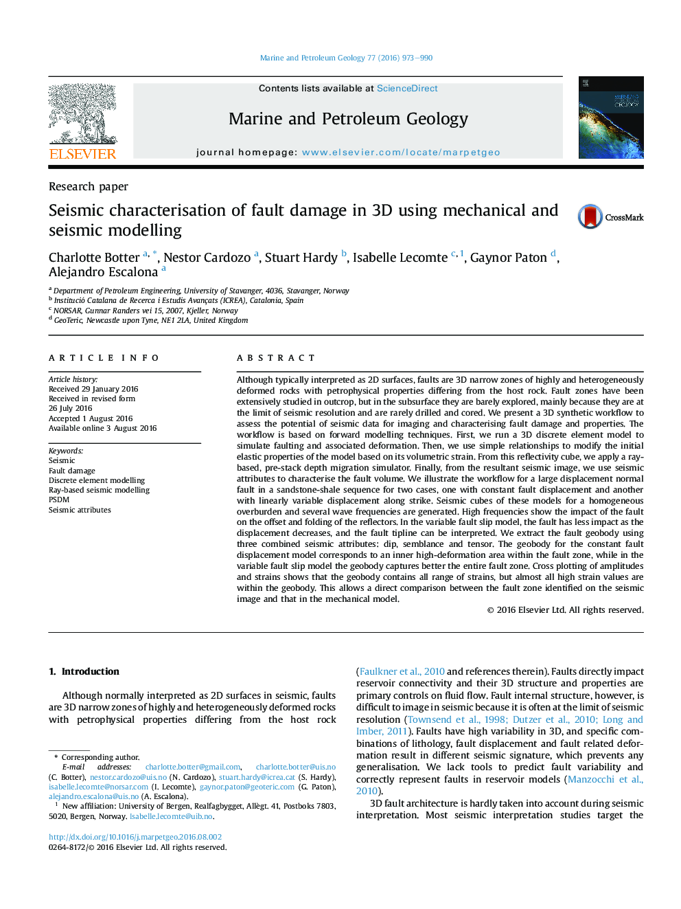 Research paperSeismic characterisation of fault damage in 3D using mechanical and seismic modelling