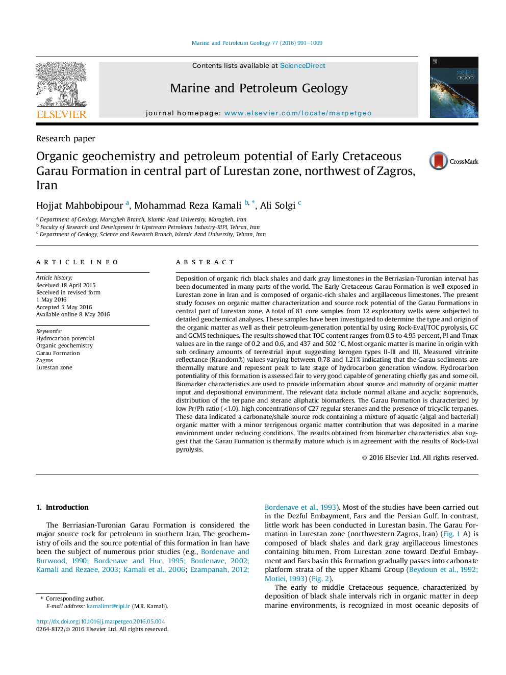 ژئوشیمی آلی و پتانسیل نفتی سازند گارو زودرس کرتاسه در بخش مرکزی منطقه لورستان، شمال غربی زاگرس، ایران 