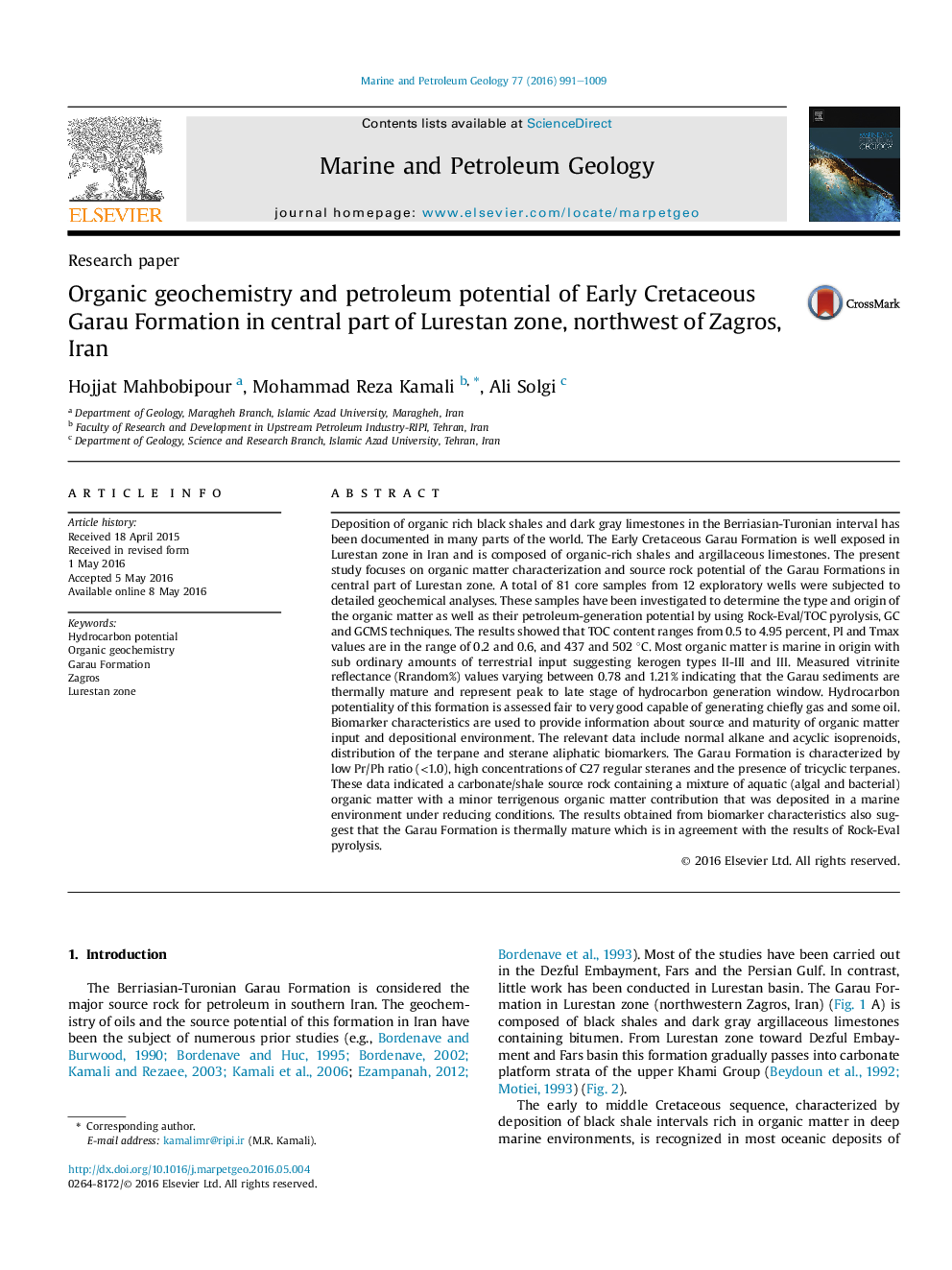 Research paperOrganic geochemistry and petroleum potential of Early Cretaceous Garau Formation in central part of Lurestan zone, northwest of Zagros, Iran