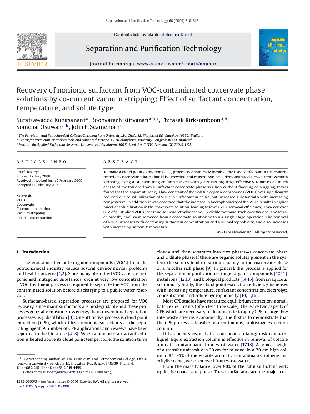 Recovery of nonionic surfactant from VOC-contaminated coacervate phase solutions by co-current vacuum stripping: Effect of surfactant concentration, temperature, and solute type