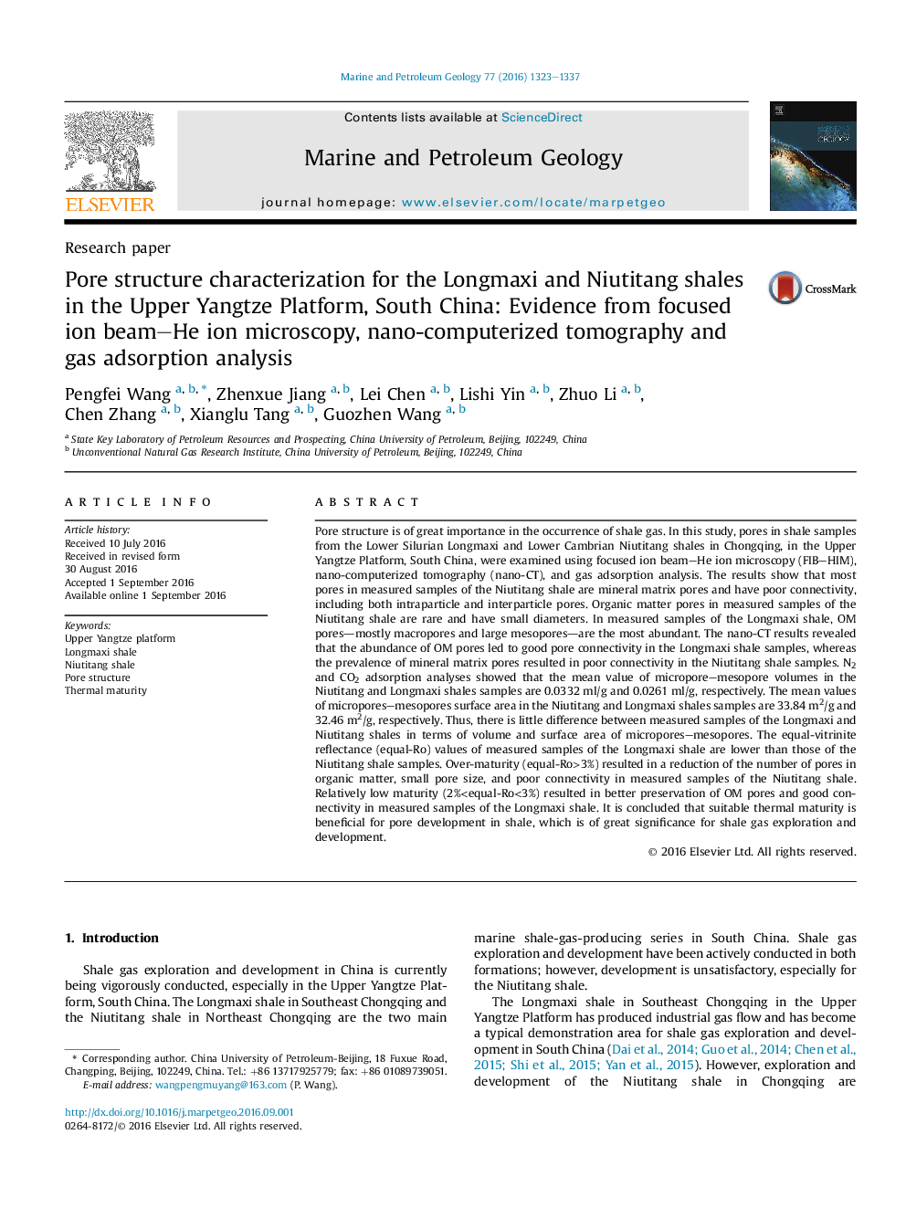 عکس صفحه اول مقاله: Research paperPore structure characterization for the Longmaxi and Niutitang shales in the Upper Yangtze Platform, South China: Evidence from focused ion beam-He ion microscopy, nano-computerized tomography and gas adsorption analysis Research paperPore structure characterization for the Longmaxi and Niutitang shales in the Upper Yangtze Platform, South China: Evidence from focused ion beam-He ion microscopy, nano-computerized tomography and gas adsorption analysis