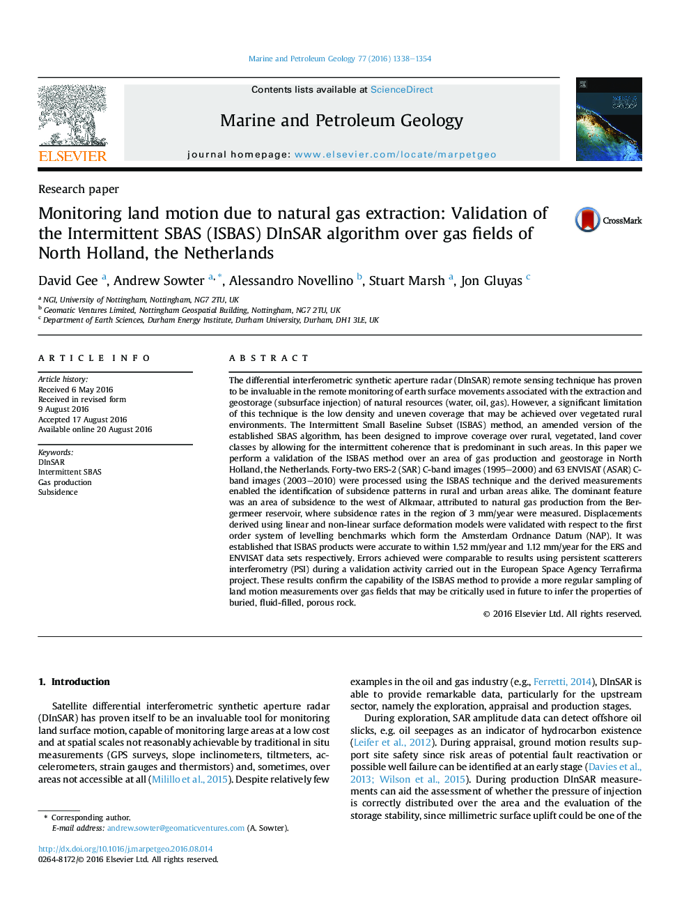 Research paperMonitoring land motion due to natural gas extraction: Validation of the Intermittent SBAS (ISBAS) DInSAR algorithm over gas fields of North Holland, the Netherlands