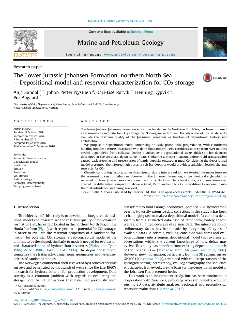 Research paperThe Lower Jurassic Johansen Formation, northern North Sea - Depositional model and reservoir characterization for CO2 storage