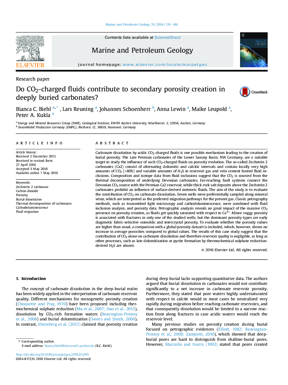 Research paperDo CO2-charged fluids contribute to secondary porosity creation in deeply buried carbonates?