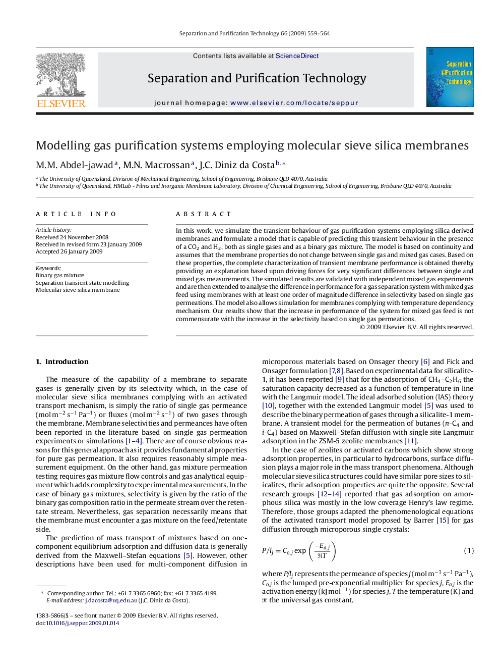 Modelling gas purification systems employing molecular sieve silica membranes