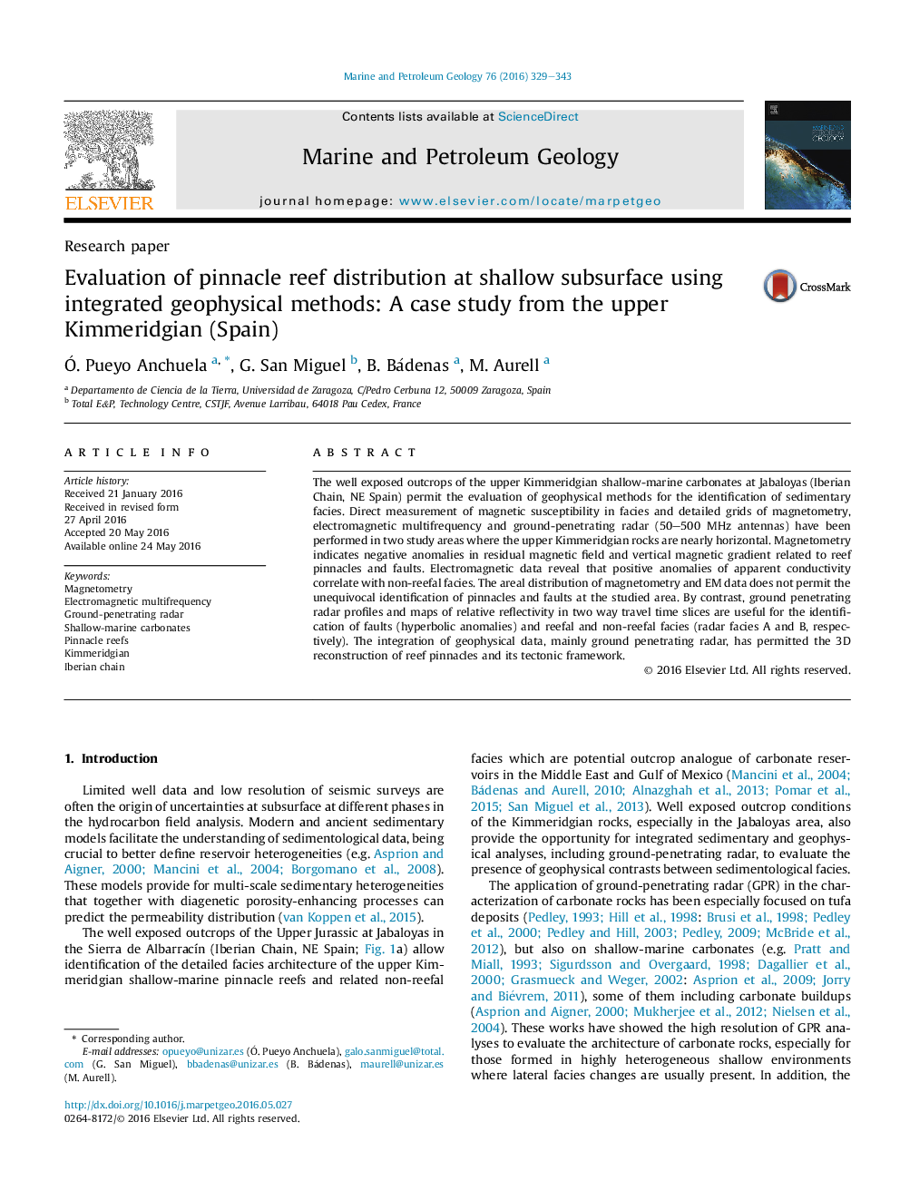 Research paperEvaluation of pinnacle reef distribution at shallow subsurface using integrated geophysical methods: A case study from the upper Kimmeridgian (Spain)