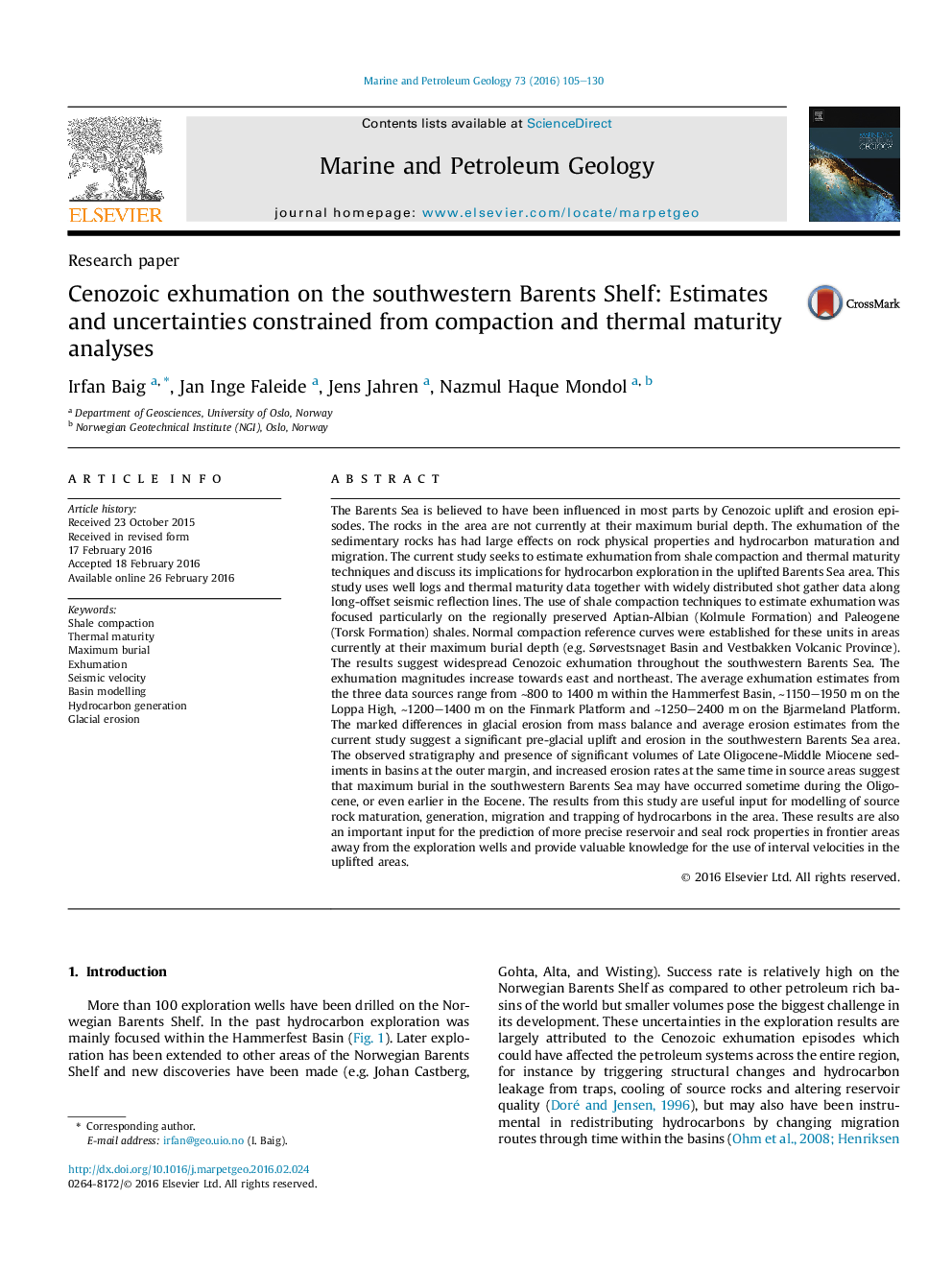 Research paperCenozoic exhumation on the southwestern Barents Shelf: Estimates and uncertainties constrained from compaction and thermal maturity analyses