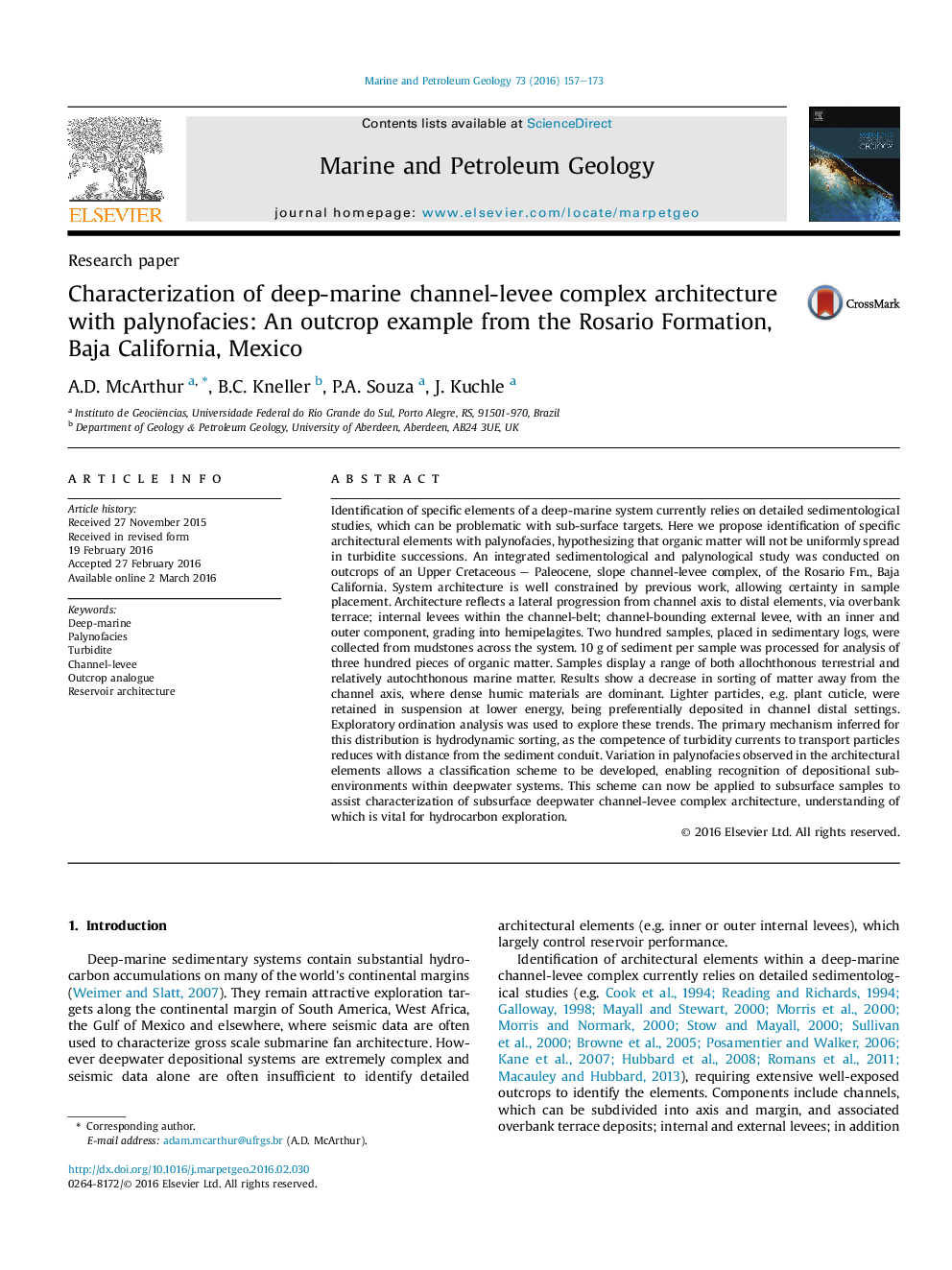 Research paperCharacterization of deep-marine channel-levee complex architecture with palynofacies: An outcrop example from the Rosario Formation, Baja California, Mexico