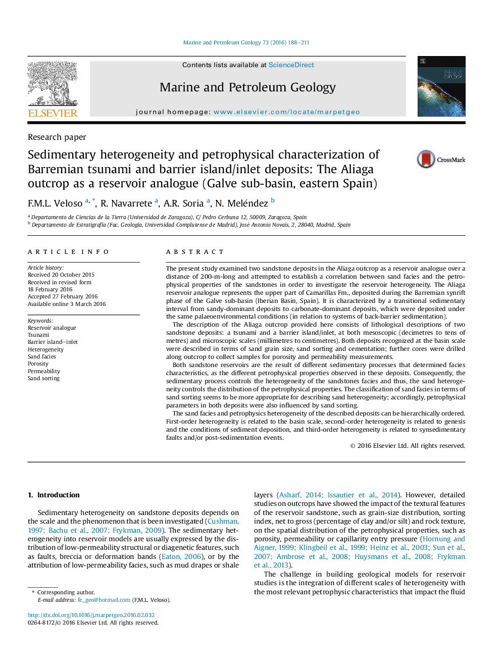 Research paperSedimentary heterogeneity and petrophysical characterization of Barremian tsunami and barrier island/inlet deposits: The Aliaga outcrop as a reservoir analogue (Galve sub-basin, eastern Spain)