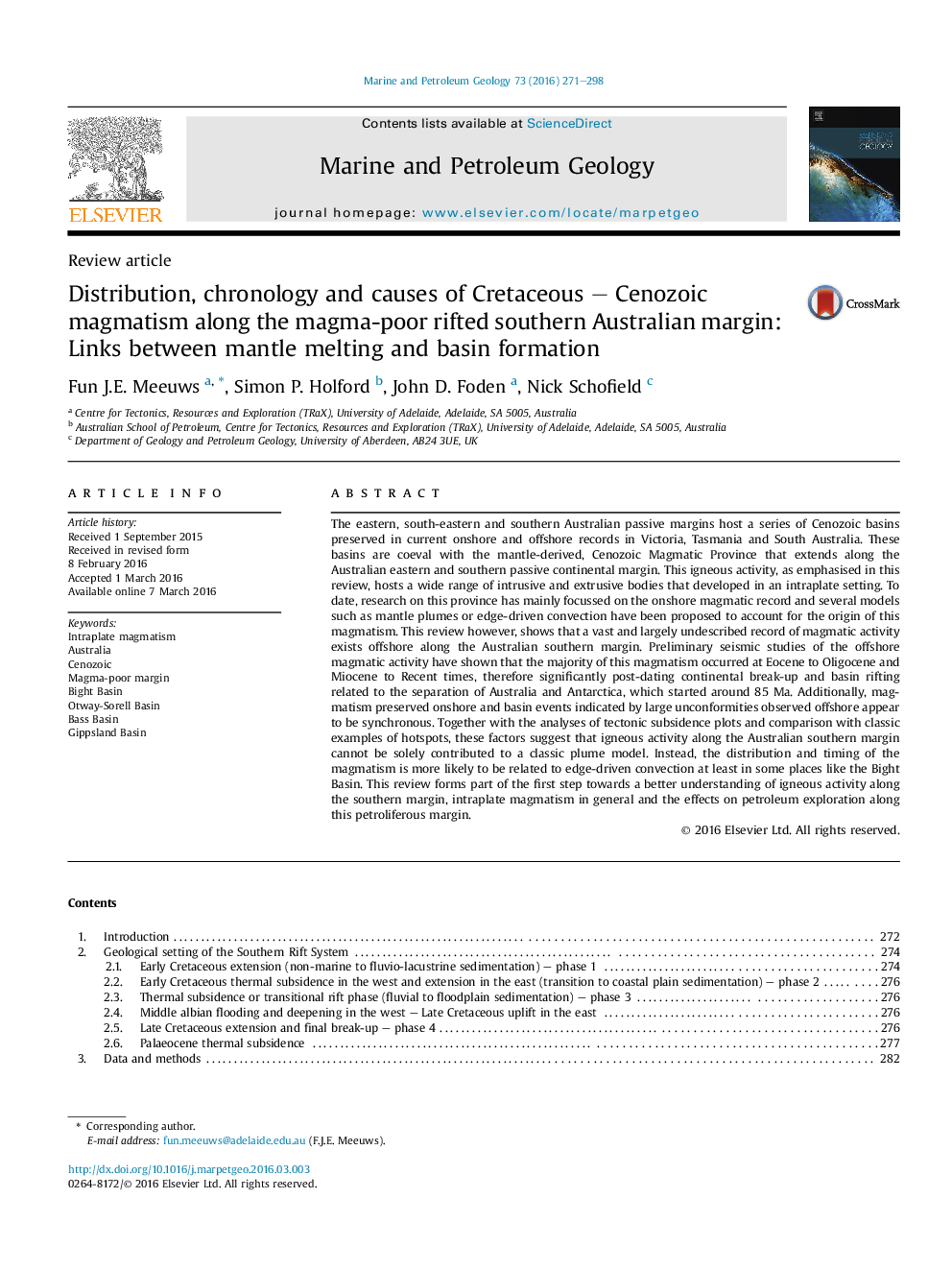 Review articleDistribution, chronology and causes of Cretaceous - Cenozoic magmatism along the magma-poor rifted southern Australian margin: Links between mantle melting and basin formation